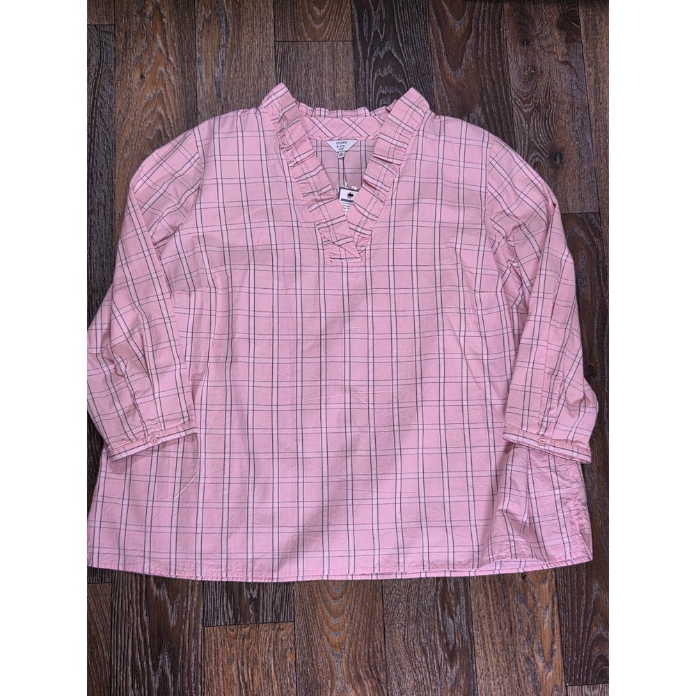 Crown & Ivy Curvy Womens 3X Pink Plaid Ruffle V-Neck 3/4 Sleeve Cotton Blouse - Picture 1 of 6